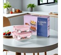 2 pièces Boîte bento en verre avec couvercle rose, boîte bento compartimentée de grande capacité 410/680ml, récipient de conservation alimentaire en verre, boîte de rangement empilable avec design de