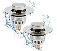 2 Pièces Bouchon pour Lavabo Salle de Bain en Acier Inoxydable, Type Poussoir, Noyau en Laiton avec Anneau d'Étanchéité, Universel pour Trou de Vidange 34-40 mm