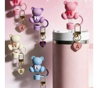 2 pièces Couvercle de paille en forme d'ours et breloque de lettre en forme de cœur, Capuchon de paille en silicone mignon en forme d'ours, Pendentif de lettre A-Z en forme de cœur, Parfait pour décor