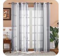 2 Pièces de Rideaux Voilage Blanc et Gris 140x225 cm Fils Teints Rayé à Oeillets Rideau Tamisant Grande Hauteur Élégant pour