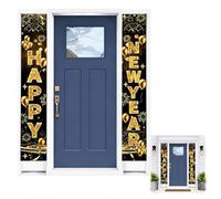 2 pièces Decoration Nouvel an 2026 Bannière, porte 30x180cm noir or avec message Happy New Year pour fête maison balcon extérieur intérieur photo ambiance festivité