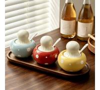 2 pièces Ensemble de pots à épices en céramique à pois et champignons mignons avec couvercles et cuillères, contenants de stockage d'épices hermétiques avec plateau en bambou, porte-condiments anti-po