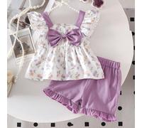 2 pièces Ensemble Top imprimé de lettres avec nœud papillon et shorts plissés pour bébé fille, style de rue mignon et élégant 6-9M,9-12M,12-18M,18-24M,2-3YPolyester