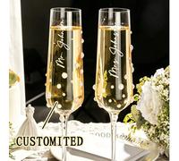 2 pièces Flûte à champagne personnalisée gravée de 7,5 oz, décorée de perles et de rubans, cadeau de mariage, d'anniversaire et de jeunes mariés Perles blanches à faire soi-même,Nœud blanc et coupe de