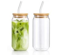 2 Pièces Gobelets en verre avec couvercles en bambou et pailles, verres en forme de canette de bière Réutilisables - Pour smoothies, thé, cola, jus de fruits, soda (2 pièces-395ml)