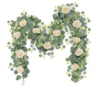 2 Pièces Guirlande Fleurs Artificielles 1.8m Champagne Rosier Guirlande | Eucalyptus Plante Artificielle Guirlande de Fleur Fausse Plantes Suspendues pour Murale Table Mariage à Maison Décoration