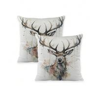 2 pièces Housse de coussin décoratif super douce avec imprimé tête de cerf, motif de cerf à l'aquarelle moderne, en polyester, avec fermeture éclair, pour la maison, la voiture, le canapé - convient p