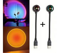 2 pièces Lampe de projection, lumière LED coucher de soleil, interface USB, lumière bleue arc-en-ciel et ombre de coucher de soleil, veilleuse rotative à 360°, convient pour l'arrière-plan de diffusio