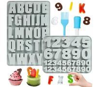 2 Pièces Letters and Numbers Silicone Mold, A-Z & 0-9 Le Grand Moule lettre et Numérique avec Liquide Droppers et Brosse, 3D Moules en Silicone Chiffres et Lettres pour Gâteaux, Chocolat (Gris)
