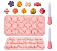 2 Pièces Moules en Silicone Fleurs avec 2 Pipettes, Moule à Chocolat Formes Roses, Feuilles, Arc pour Pralinés, Pâtisserie, Glaçons, Gâteau, Savon et Bougies