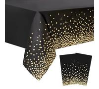 2 Pièces Nappes Noir et Or, Nappe de Table de Fête Noir et Or, Couverture de Table Confettis de Point d'or, 274 cm × 137 cm, pour Remise des Diplômes, Anniversaire, Pique-Nique, Cocktail (C)