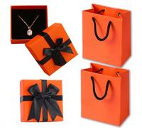 2 Pièces Petite Boite Cadeau Avec Noeud, 7,5x7,5x3,5cm Boite Bijoux Cadeau Carré Ecrin, Boite Cadeau Bijoux, avec 2 sac Cadeau, pour Pâques, Noël, Mariage, Anniversaire, Orange