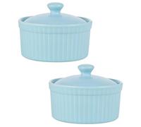 2 Pièces Ramequin en Céramique Bleu 125ml Couvercle, Bol à Dessert | Réutilisable, Résistant à Déformation, Sûr et Fiable, pour Soufflé, Pudding, la Cuisine Quotidienne