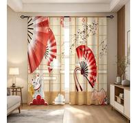2 pièces Rideaux avec un motif de chat porte-bonheur japonais; combine un motif de treillis en faux bois avec des éventails pliants rouges et des fleurs de cerisier. Impression plate 2D et tissu en po