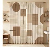 2 pièces Rideaux bohèmes à motif géométrique abstrait, présentant des tons neutres beige et marron, avec des imprimés médiévaux modernes aux lignes simples et aux motifs ronds/carrés. Le design imprim