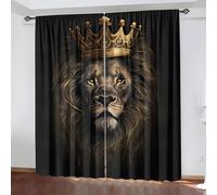2 pièces Rideaux de chambre à motif couronne de lion noir & or semi-transparents, conception de poche de tringle sans perçage, suspension par poche de tringle, rideaux de salon de style sombre, rideau