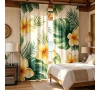 2 pièces Rideaux de style tropical, avec un design de fleurs de plumes et de feuilles de monstera. Ces rideaux utilisent des motifs de feuilles de palmier vertes et de fleurs jaunes de style aquarelle