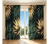 2 pièces Rideaux feuilles de palmier tropical or & vert, impression de plante tropicale sur un seul côté, légers & translucides, rideaux à impression plate 2D, tissu 100% polyester, rideaux à poche de