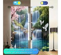 2 pièces Rideaux semi-occultants de style nature avec paysage de cascade et de forêt, en fibre de polyester, avec passant pour tringle, style moderne, lavable en machine, convient pour la chambre à co