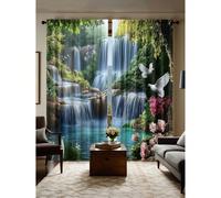 2 pièces Rideaux semi-occultants de style nature avec paysage de cascade et de forêt, en fibre de polyester, avec passant pour tringle, style moderne, lavable en machine, convient pour la chambre à co