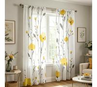2 pièces Rideaux transparents à motif floral jaune aquarelle, fleurs jaunes et feuilles grises imprimées sur fond blanc translucide. Le tissu léger le rend parfait pour le salon ou la chambre. Le desi