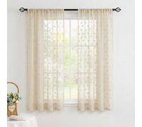 2 pièces Rideaux transparents beiges à pois et pompons jacquard, avec passants pour une installation facile. Fabriqués en polyester de qualité, doux et légers, translucides, lavables en machine. Décor
