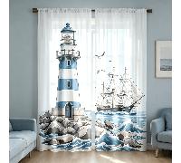 2 pièces Rideaux transparents de style nautique, imprimés avec des motifs de phare bleu et blanc, voilier, vagues, rochers et mouettes, impression plate 2D, poche à tringle, translucides, convenant po