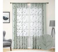 2 pièces Rideaux verts sauge transparents avec motif de feuille brodé, rideaux semi-transparents de type lin floral avec poche de tige pour fenêtre, rideaux voile pour cuisine, draperies pour chambre 