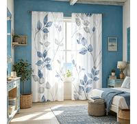 2 pièces Rideaux voile bleu-gris d'eucalyptus, rideaux transparents imprimés avec passants, doux et translucides pour une protection de l'intimité, convient pour la chambre à coucher, le salon, la déc
