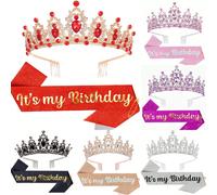 2 pièces Ruban de ceinture d'anniversaire, Couronne d'anniversaire, Serre-tête d'anniversaire en strass, Ceinture d'anniversaire avec épingle, Couronne et ruban de ceinture Joyeux Anniversaire, Convie