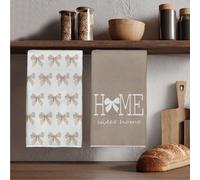 2 pièces Serviettes de cuisine couleur thé au lait dégradé aquarelle avec nœud et motif imprimé Home Sweet Home, serviettes de vaisselle 40*60cm/45*70cm en matériau polyester ultra-fin, chiffons de va