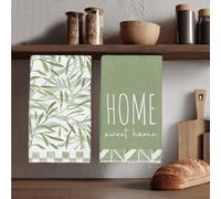 2 pièces Serviettes de cuisine simples et quotidiennes avec motif "Sweet Home" à feuilles vertes, en matériau polyester doux. Convient pour la décoration de cuisine, le nettoyage, la décoration de fêt