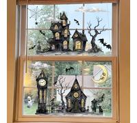 2 pièces/set Autocollants statiques pour fenêtre d'Halloween, Maison hantée gothique, clocher d'église, lune & chauves-souris, autocollants en verre double face, sans colle réutilisables, convient pou