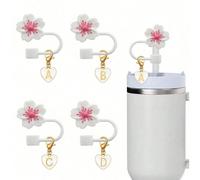 2 pièces/Set Capuchon de paille mignon en forme de fleur 10mm/0,4 pouce en silicone avec breloque lettre initiale cœur blanc pour gobelets 30oz & 40oz - Couvre-paille réutilisable anti-poussière, acce