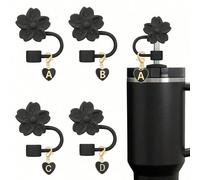 2 pièces/Set Capuchon de paille mignon en forme de fleur 10mm/0,4in en silicone avec breloque de lettre initiale en forme de cœur noir pour gobelets de 30oz & 40oz - Couvre-paille réutilisable anti-po