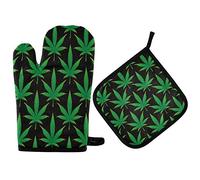 2 Pièces Set De Maniques Gants De Four Vert Cannabis Mariguana Feuilles Noir Mitaines De Pincement Résistants À La Chaleur Gants De Four pour Cuisson, Barbecue, Grillade