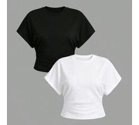 2 pièces/Set Hauts décontractés/de travail pour femmes grandes tailles, noir et blanc 1XL,2XL,3XLUnicoloreTissu tricoté