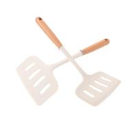2 Pièces Spatule Cuisine et Plate à Manche Bois, en Silicone Large | Barbecue et Omelette, Douce sur Revêtements Antiadhésifs, Grattoir de Plaque, Blanche