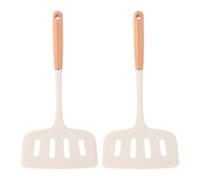2 Pièces Spatule Large en Silicone Blanc Manche Bois, Ajourée | Surface Large pour Retourner, Poignée Antidérapante, pour Poêles Antiadhésives, Cuisson et Grill