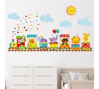 2 pièces Stickers muraux motif animal et train de bande dessinée, stickers, décalcomanie murale, décalcomanie en vinyle pour la décoration de la maison, articles de décoration printanière pour rafraîc
