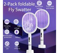 2 pièces Tapette électrique anti-moustiques, lampe piège à mouches, Zappeur de mouches rechargeable USB, Zappeur d'insectes 2-en-1, Raquette portable à maille 3 couches, Convient pour l'intérieur et l