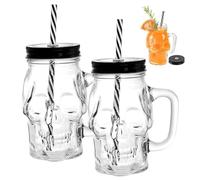 2 Pièces Tasses en Verre d'Halloween 16oz Tasses en Pot Mason Crâne avec Paille et Couvercle Verres d'Halloween à Boire avec Poignée pour Boissons au Vin de Whisky