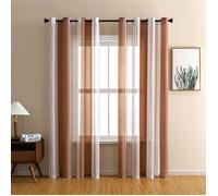 2 Rideau Voilage Blanc et Brun 140x145cm - Rayures Œillets Métal en Fil de Lin pour Salon/Chambre (Texturé Anti-UV)