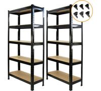 2 x T-Rax : rayonnage robuste, rayonnage de stockage, rayonnage d'atelier, rayonnage de cave, rayonnage à emboîter, noir, 75 cm x 150 cm x 30 cm, avec raccords, tablettes en MDF de 6 mm d'épaisseur, 5