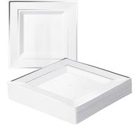 20 Assiettes Carrées en Blanches avec Bord Argenté, 24cm - Solides et Assiette 24cm - 20 Pièces Bordure Argentée