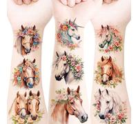 20 feuilles de tatouages temporaires de chevaux, conception aquarelle jolie de fleurs et de chevaux, tatouages temporaires, cadeaux de fête de festival de musique, de boîte de nuit, d'anniversaire, re