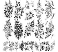 20 pièces Autocollants de tatouage temporaire, design floral sexy de rose en grand et petit format, convient aux femmes, filles, adultes ; Art corporel, faux tatouage de bras, papillon noir imperméabl