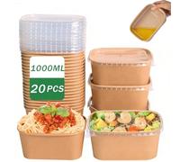 20 Pièces Boîtes à Salade En Papier Kraft 1000ml, Oléofuges Avec Couvercle | Boîtes à Emporter Réutilisables Barquette Carton, Imperméables, pour Plats à Emporter, Salade Fitness Et Voyage