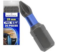 20 Pièces Embout Visseuse a Choc PH1 x 25 mm avec Hexagonal 1/4" | Embout Tournevis a Frapper avec Zone de Torsion - Fabriqués en Acier Allié S2 - MONTERAL