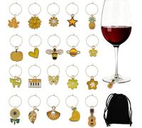 20 Pièces Marque Verre à Pied et Marqueurs de Verre à Vin avec Pochette en Velours, Pendentifs Émaillés Jaunes pour Décoration de Table Mariage Anniversaire et Fête, Anneaux de 25mm
